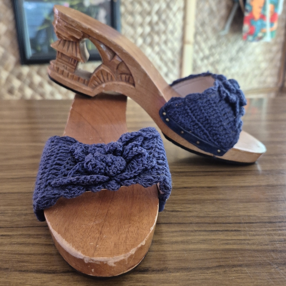 Vintage Carved Tiki Mules with Navy Crochet Vamp 6